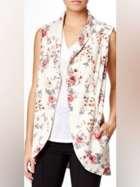 Black Rainn White Floral Longline Open Front Sleeveless Blazer Vest Size Large